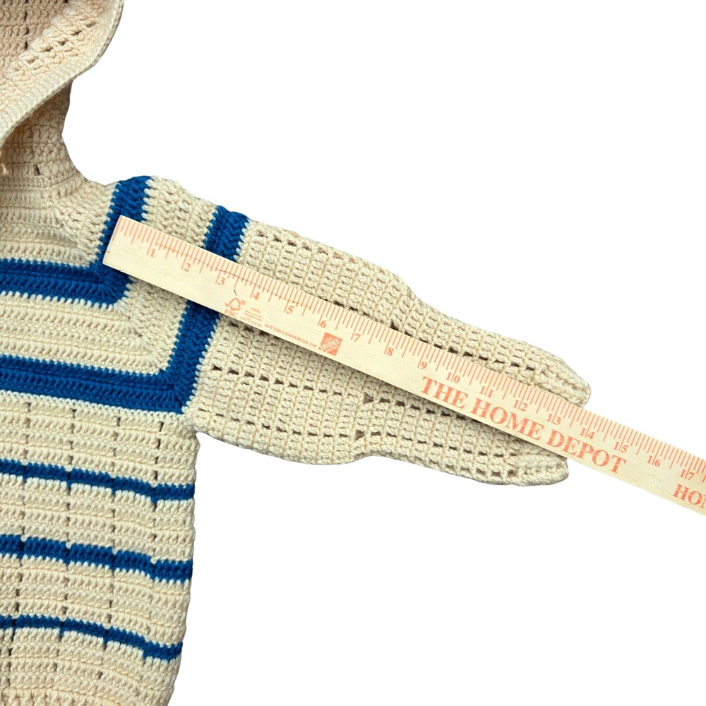 Handmade Boy's Sweater‎ Size 6 Cream Blue Stripe Hood Crochet Nautical Button - Picture 6 of 7
